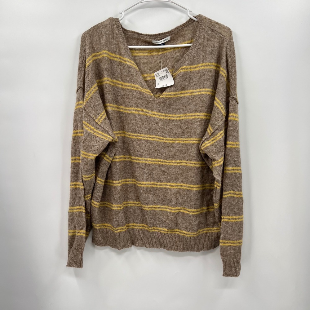 American Eagle M Sweater Womens Brown Yellow Striped V-Neck Pullover